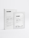 The Remedy caffeine and vitamin C energizing hydrogel patches in a clean white box with a matching sachet in front, photographed on a light gray studio background.