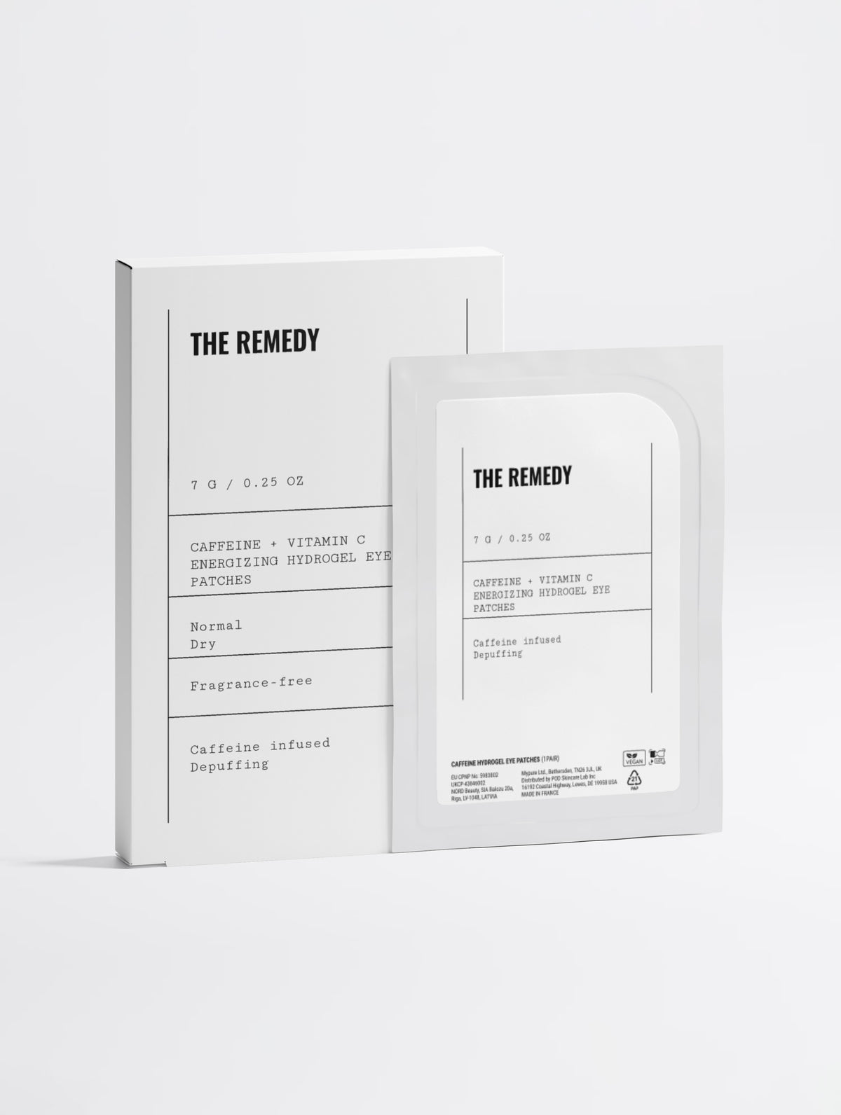 The Remedy caffeine and vitamin C energizing hydrogel patches in a clean white box with a matching sachet in front, photographed on a light gray studio background.
