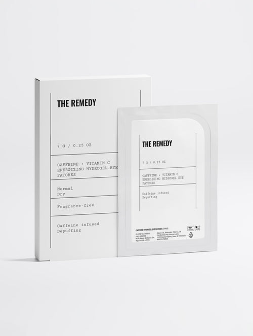 The Remedy caffeine and vitamin C energizing hydrogel patches in a clean white box with a matching sachet in front, photographed on a light gray studio background.